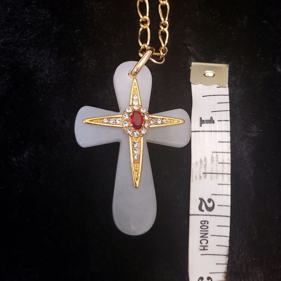 JBK Designer Signed Stone Cross Pendant on Long Ch - Picture 8 of 9